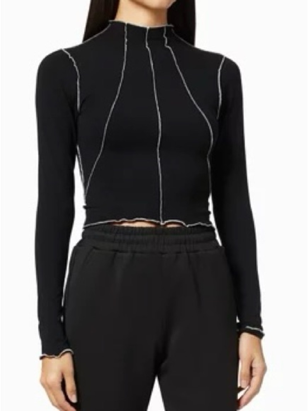Good American Top Black Cropped Organic Cotton Long Sleeve Mock Neck Medium